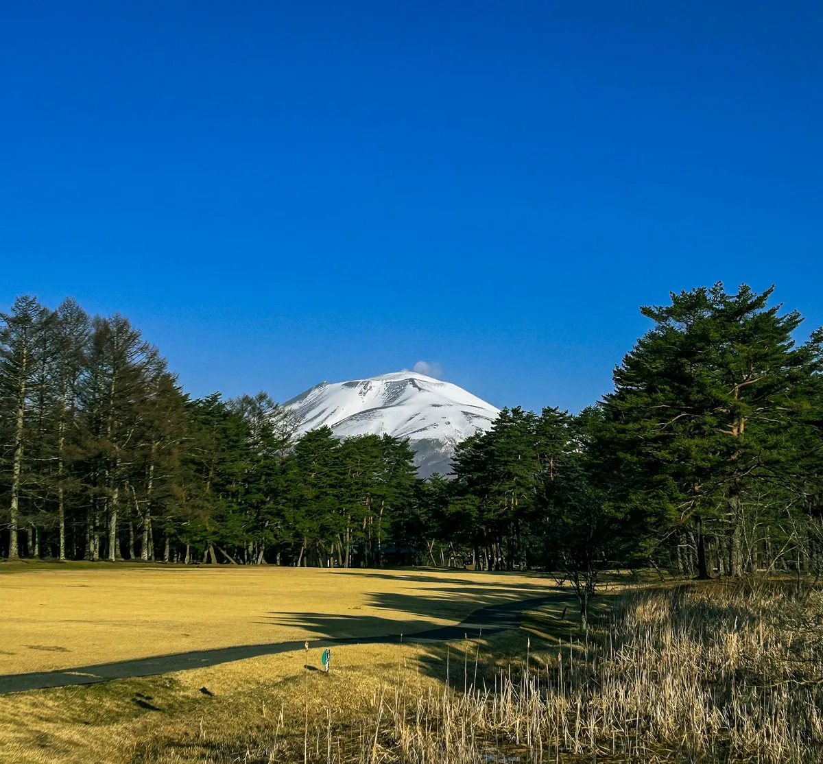 A green golf course framed by trees and mountains in Karuizawa, Japan